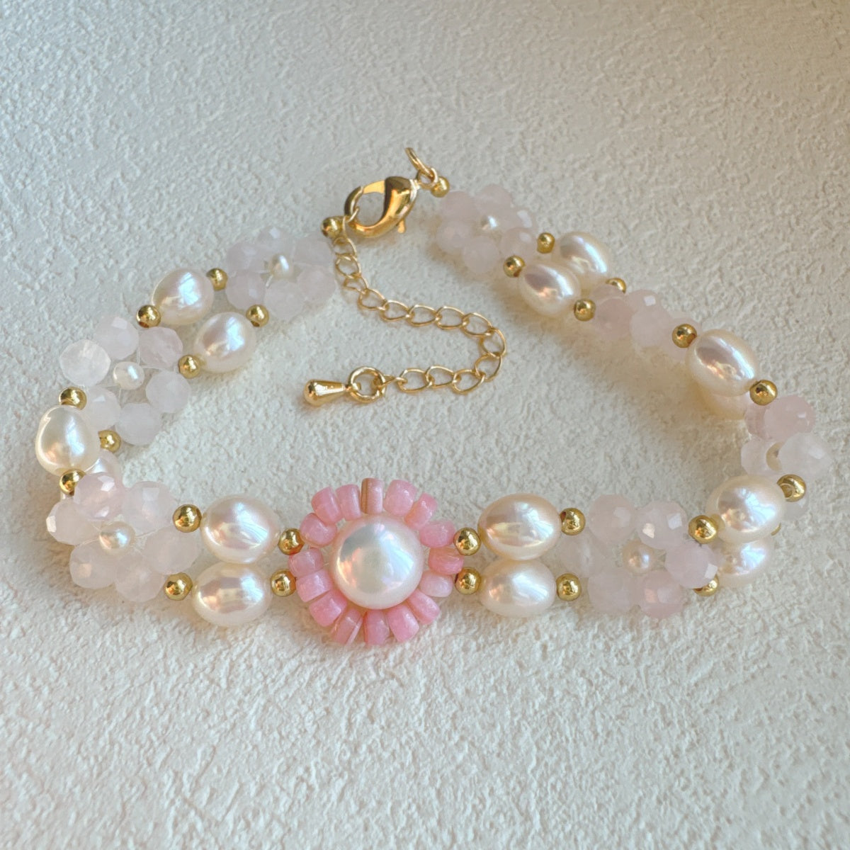 Rose Quartz Flower Bracelet Gemstone Jewelry