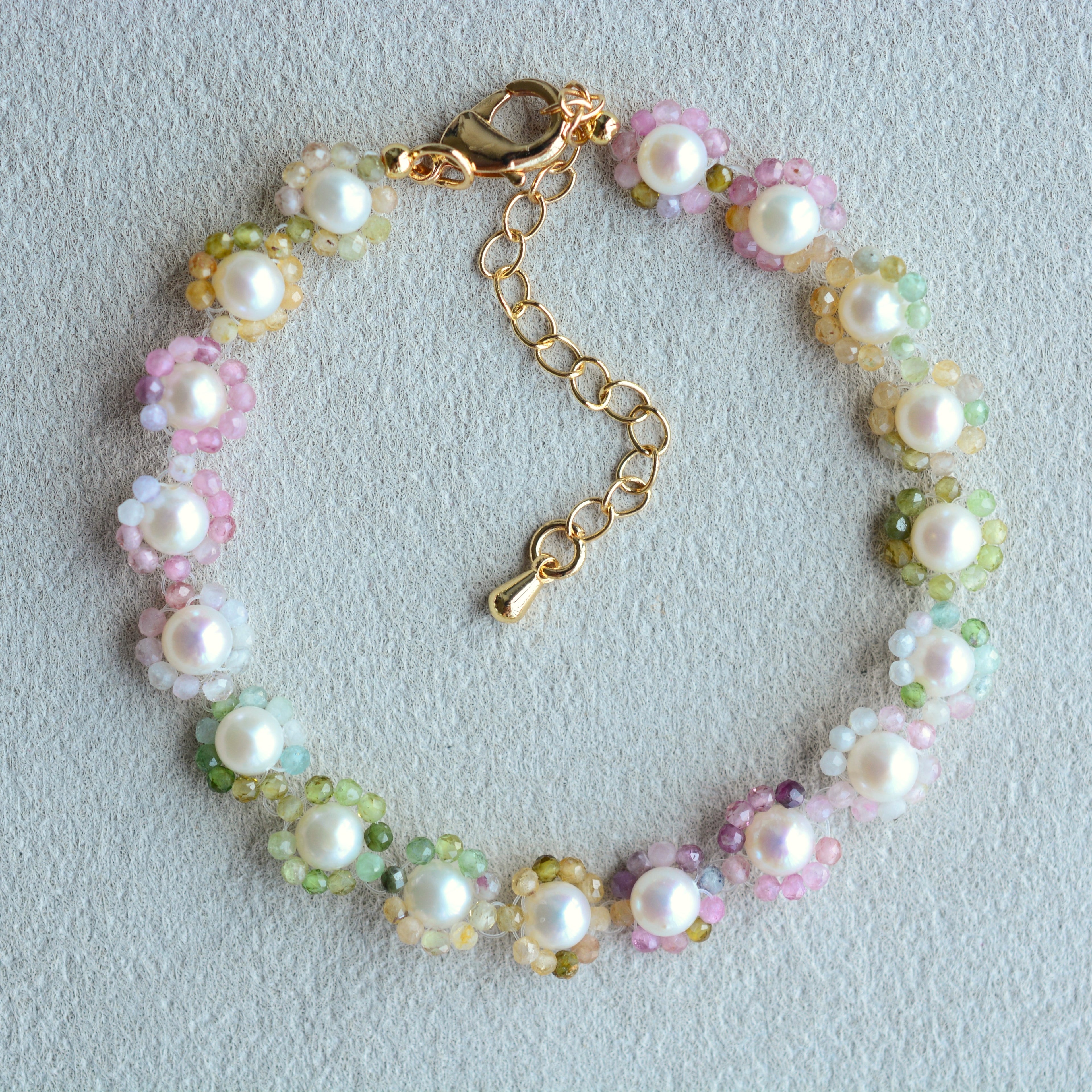 Rainbow Color ‌Tourmaline Bracelet Beaded Gemstone Pearl Jewelry Flower Bracelets
