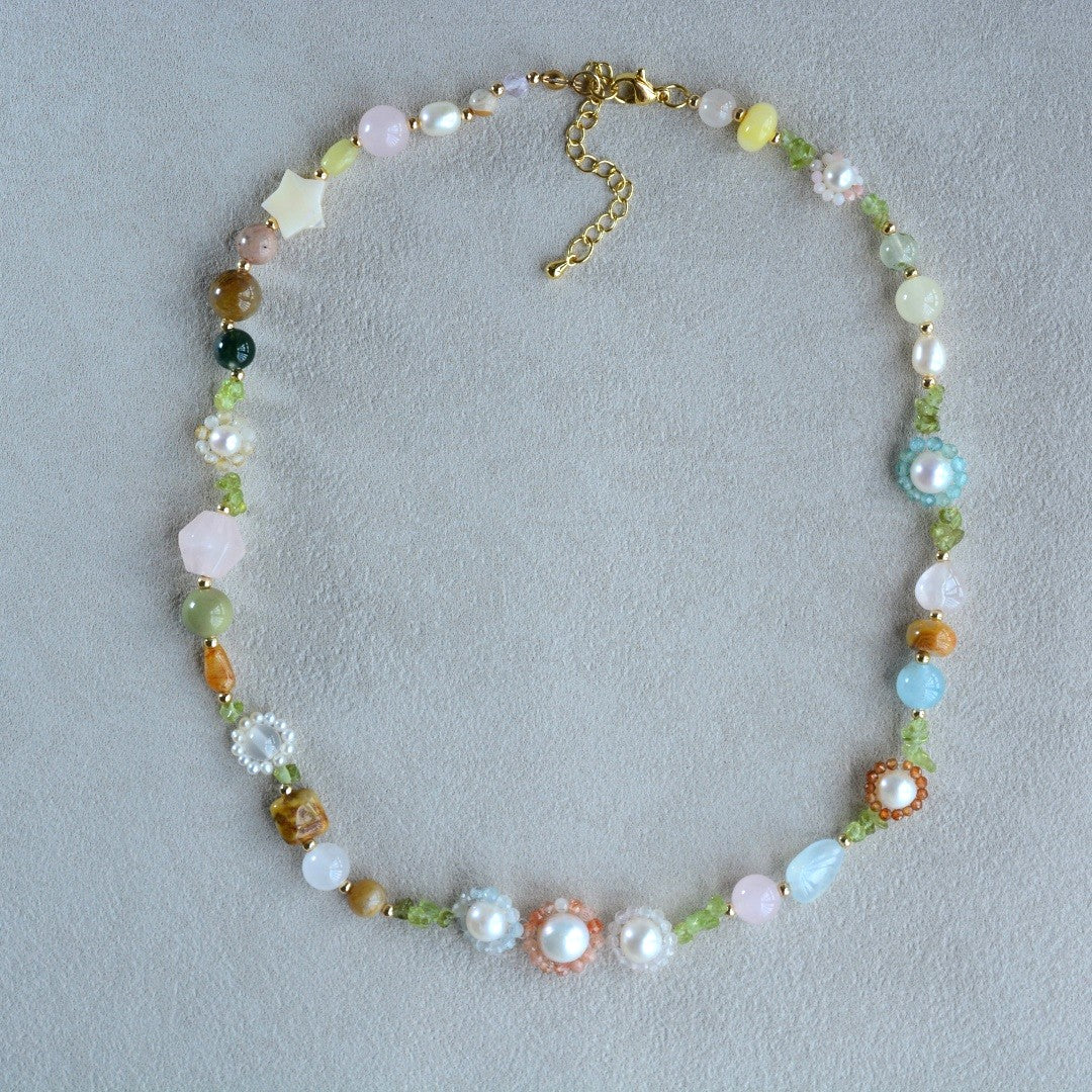 Daisy Necklace Handmade Flower Pearl Necklace Gemstone Jewelry