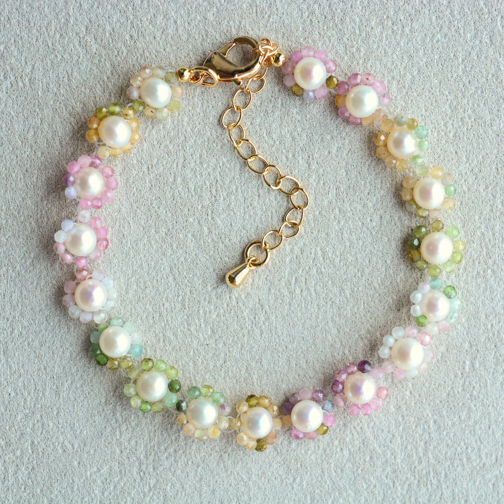 Rainbow Color ‌Tourmaline Bracelet Beaded Gemstone Pearl Jewelry Flower Bracelets