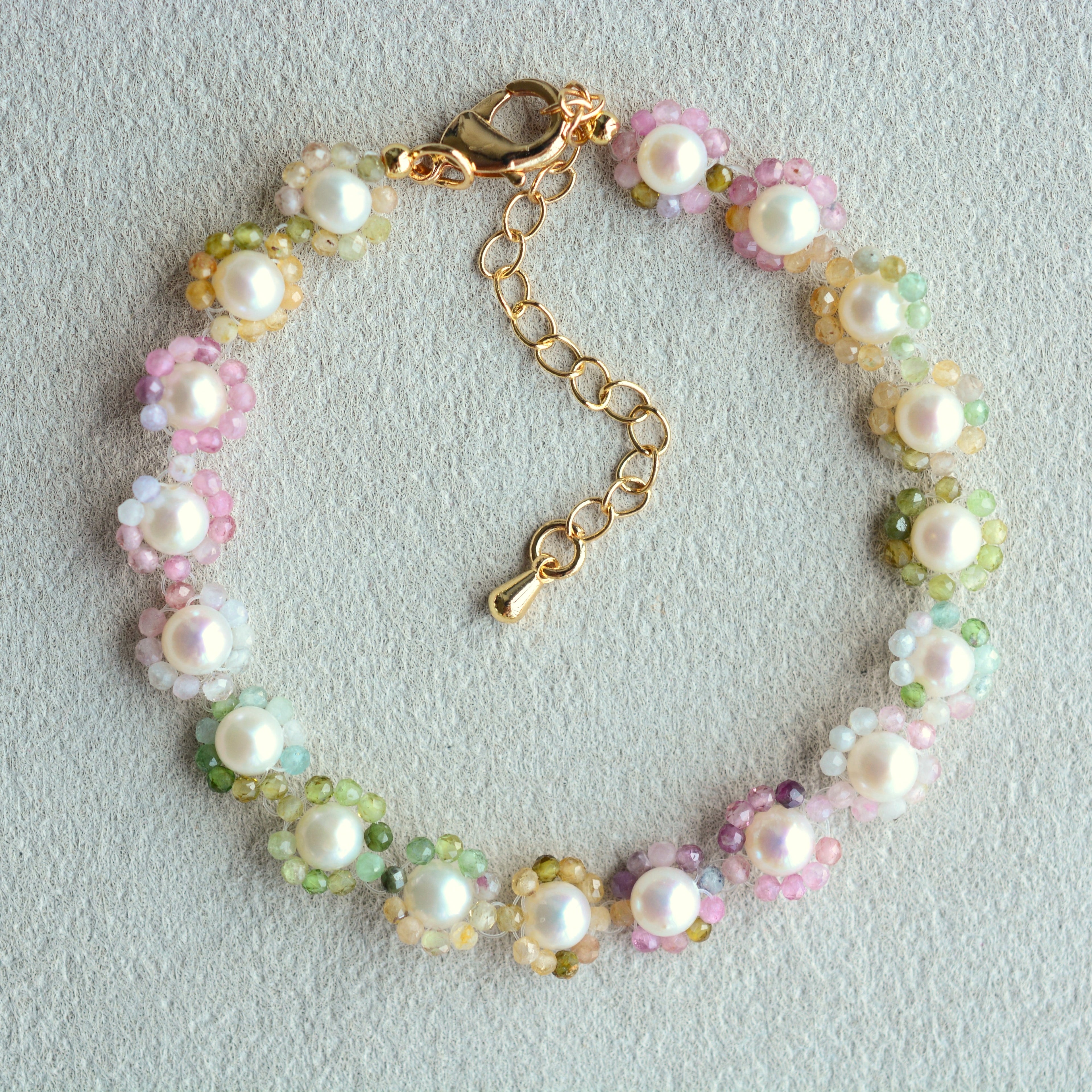 Rainbow Color ‌Tourmaline Bracelet Beaded Gemstone Pearl Jewelry Flower Bracelets