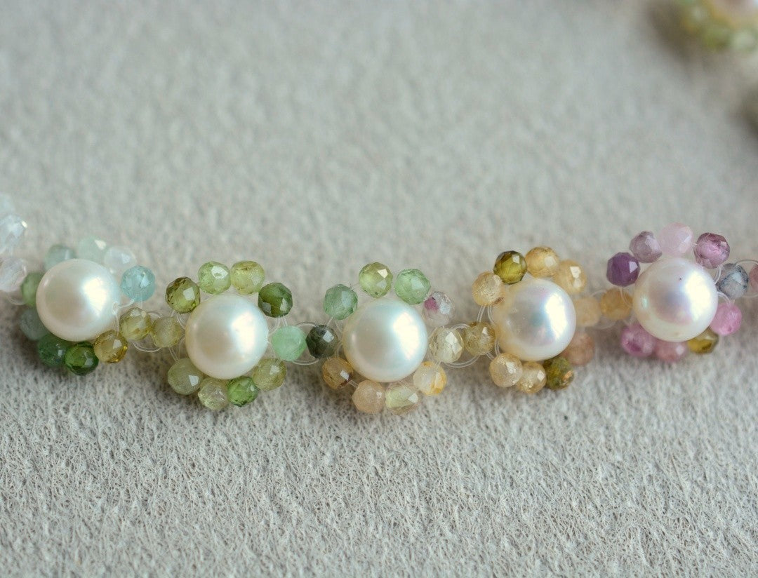 Rainbow Color ‌Tourmaline Bracelet Beaded Gemstone Pearl Jewelry Flower Bracelets